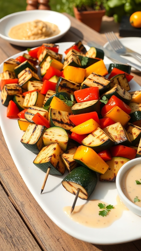 Grilled zucchini kabobs with bell peppers and onions on a platter, garnished with herbs.